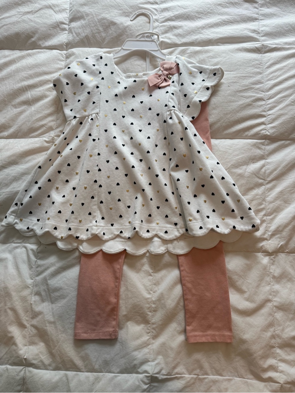 White Heart Print Dress with Pink Bow & Dusty Pink Leggings